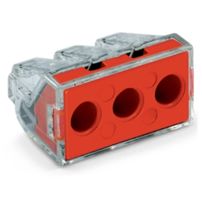 Wago 773-173 PUSH WIRE® vezetékösszekötő, 3 vezetékhez, tömör és sodrott vezetőkhöz, max. 6 mm², 400 V, 41 A, átlátszó ház, piros fedél, max. 60 °C
