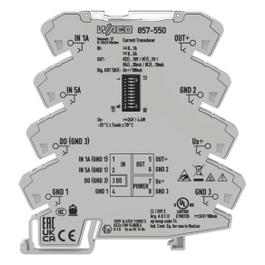 Wago 857-550 áramjel-átalakító, 0–1 A és 0–5 A AC/DC bemenet, analóg áram- és feszültségkimenet, digitális kimenet, 24 V DC, 6 mm széles, szoftveres konfiguráció