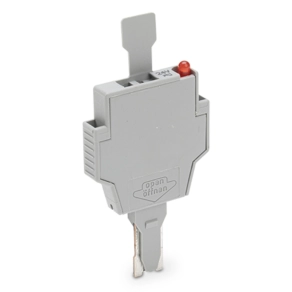 Wago 281-512/281-417 biztosítómodul kihúzható füllel, 5 × 20 mm és 5 × 25 mm miniatűr biztosítékokhoz, neonlámpás állapotjelzés, 230 V, 6 mm széles, szürke