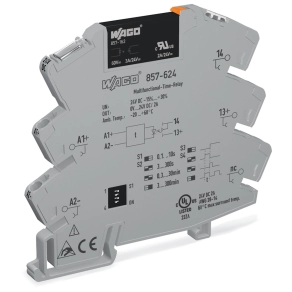 Wago 857-624 multifunkciós időzített szilárdtestrelé-modul, 24 V DC bemenet, 0–24 V DC kimenet, 2 A tartós határáram, 2 vezetékes csatlakozás, 4 funkció, sárga állapotjelzés, 6 mm széles