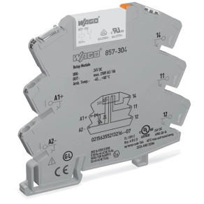 Wago 857-304 relémodul, 24 V DC, 1 váltóérintkező, 6 A tartós határáram, sárga állapotjelzés, 6 mm széles, szürke
