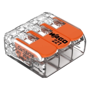 Wago 221-413 karos vezetékösszekötő, 3 vezetékhez, max. 4 mm², CAGE CLAMP®, 450 V, 32 A, T85, átlátszó ház