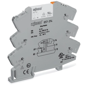 Wago 857-314 relémodul aranyozott érintkezőkkel, 24 V DC, 1 váltóérintkező, 6 A tartós határáram, sárga állapotjelzés, 6 mm széles, 2,5 mm², szürke