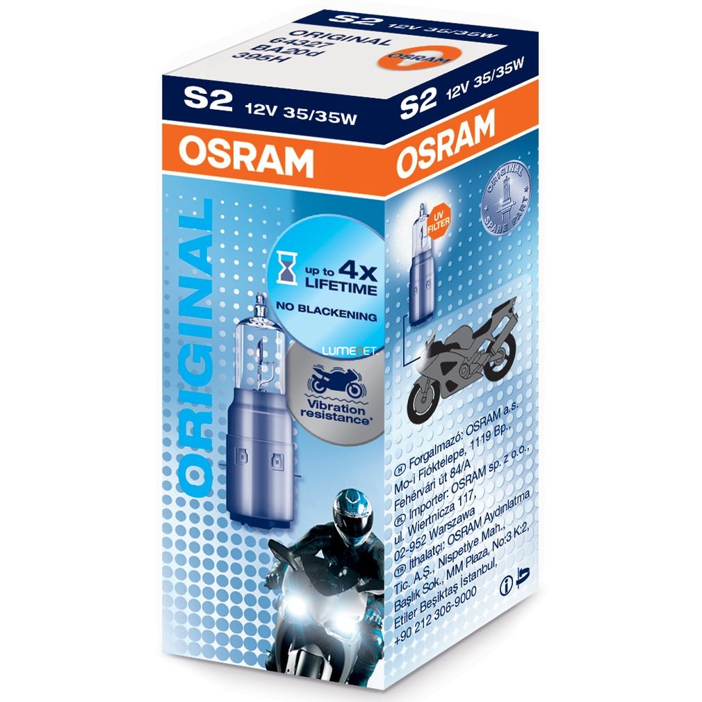 Osram Original Line S2 halogén motorkerékpár fényszórólámpa, 12 V, 35/35 W, BA20d foglalat, OEM minőség, 64327, 1 darab/csomag