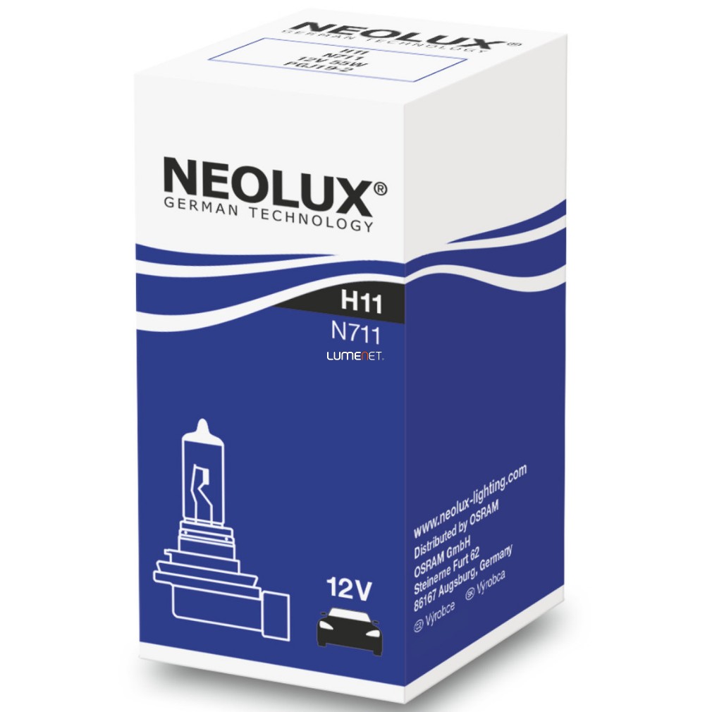 Neolux H11 halogén fényszóró izzó, 12V, 3200K, 1350 lumen, vibrációálló motoros és autós használatra, N711, 1db/doboz