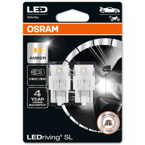   Osram LEDriving SL W21W/5W borostyánsárga LED izzó, kettős fényerő, gyors jelzésváltás, ≙ W21/5W, W3x16q foglalat, 7515DYP-2BL, 2db/bliszter