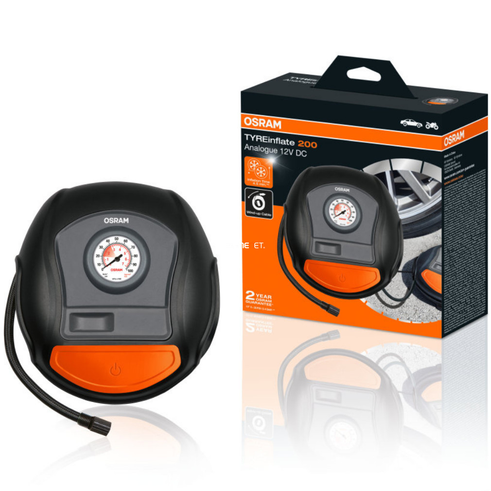 Osram Tyreinflate 200, gyors gumiabroncs kompresszor feltekerhető 3 m-es kábellel, 4,5 perces felfújási idő, analóg kijelzővel és adapterkészlettel, OTI200