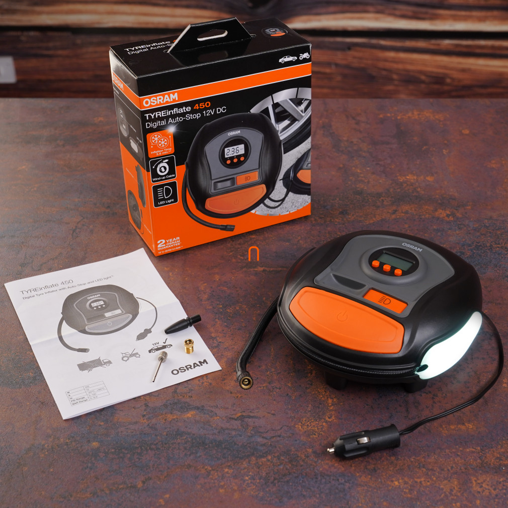Osram Tyreinflate 450 digitális gumiabroncs kompresszor automatikus leállítással, 3,5 perces felfújási idővel, LED világítással és feltekerhető kábellel, OTI450