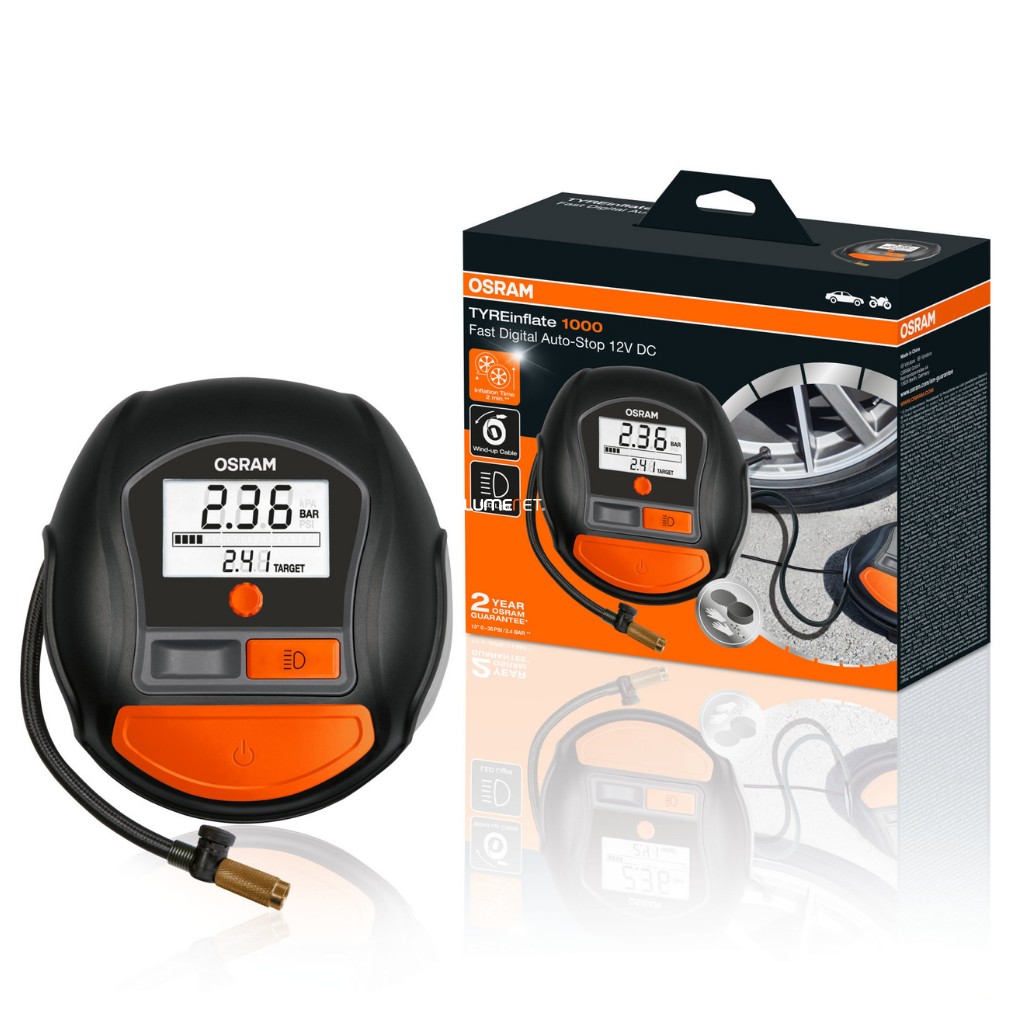 Osram Tyreinflate 1000 gyors digitális gumiabroncs kompresszor feltekeredő kábellel, automatikus leállítással és LED világítással, 2 perces felfújási idő, OTI1000