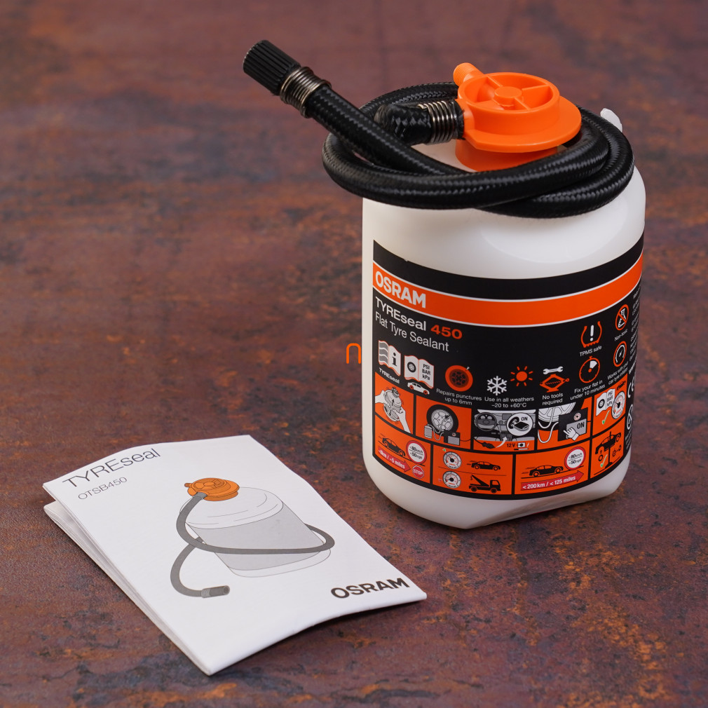 Osram Tyreseal 450, gumiabroncs defektjavító zselé TPMS-kompatibilitással, gyors alkalmazással és újratölthető kompresszorhoz való csatlakozással, OTSB450, gumiabroncs tömítőanyag 450ml