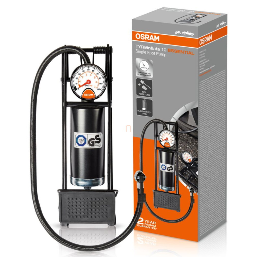 Osram Tyreinflate 10 Essential kompakt és megbízható lábpumpa acélcsővel, csúszásmentes talppal és analóg nyomásmérővel, univerzális adapterekkel, OFP10ESN