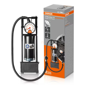   Osram Tyreinflate 10 Essential kompakt és megbízható lábpumpa acélcsővel, csúszásmentes talppal és analóg nyomásmérővel, univerzális adapterekkel, OFP10ESN