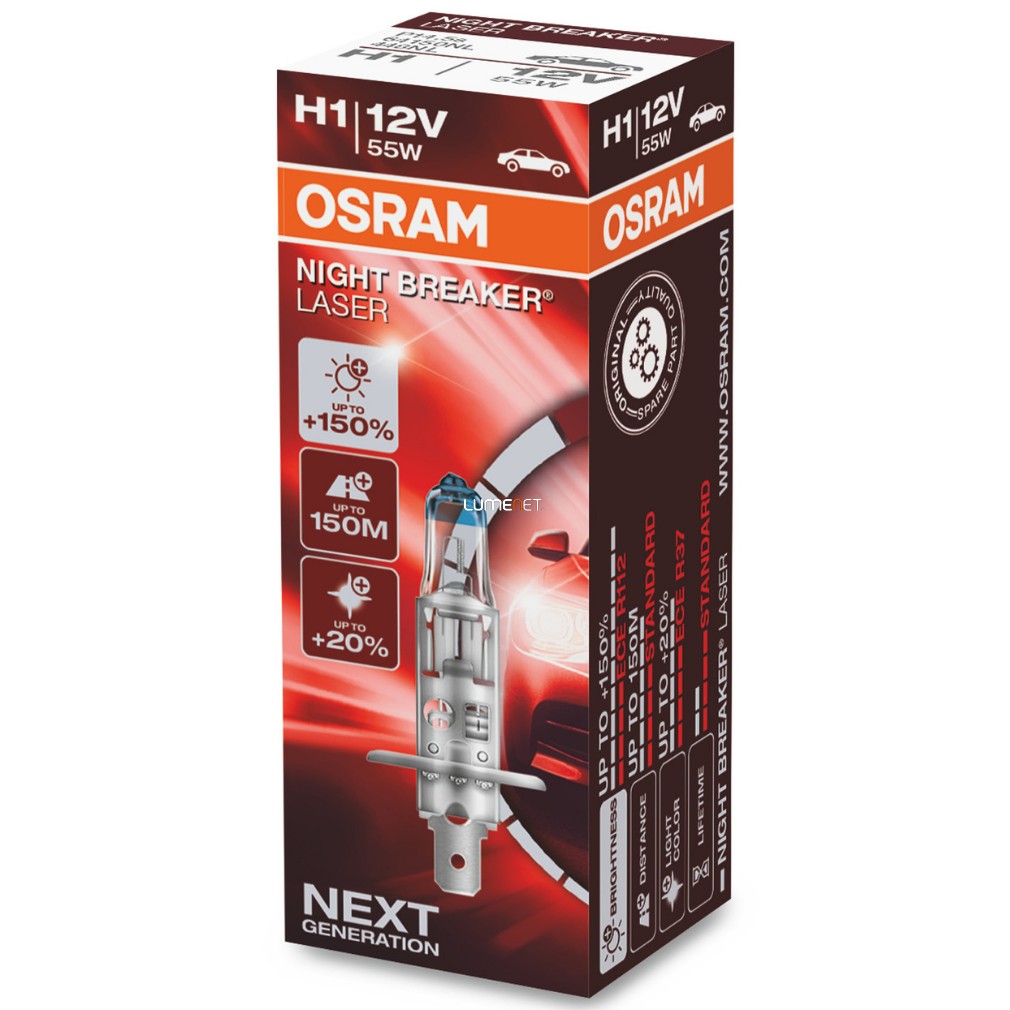 Osram Night Breaker Laser 150% H1 halogén fényszórólámpa, 12 V, 55 W, 3400 K, P14.5s foglalat, akár +150% fényerő, 64150NL, 1 darab/doboz