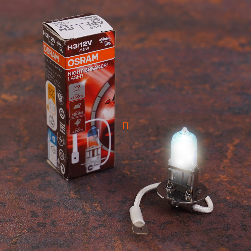 Osram Night Breaker Laser H3 halogén fényszórólámpa, 12 V, 55 W, 1450 lm, PK22s foglalat, akár +150%-kal nagyobb fényerő, 64151NL, 1 darab/doboz