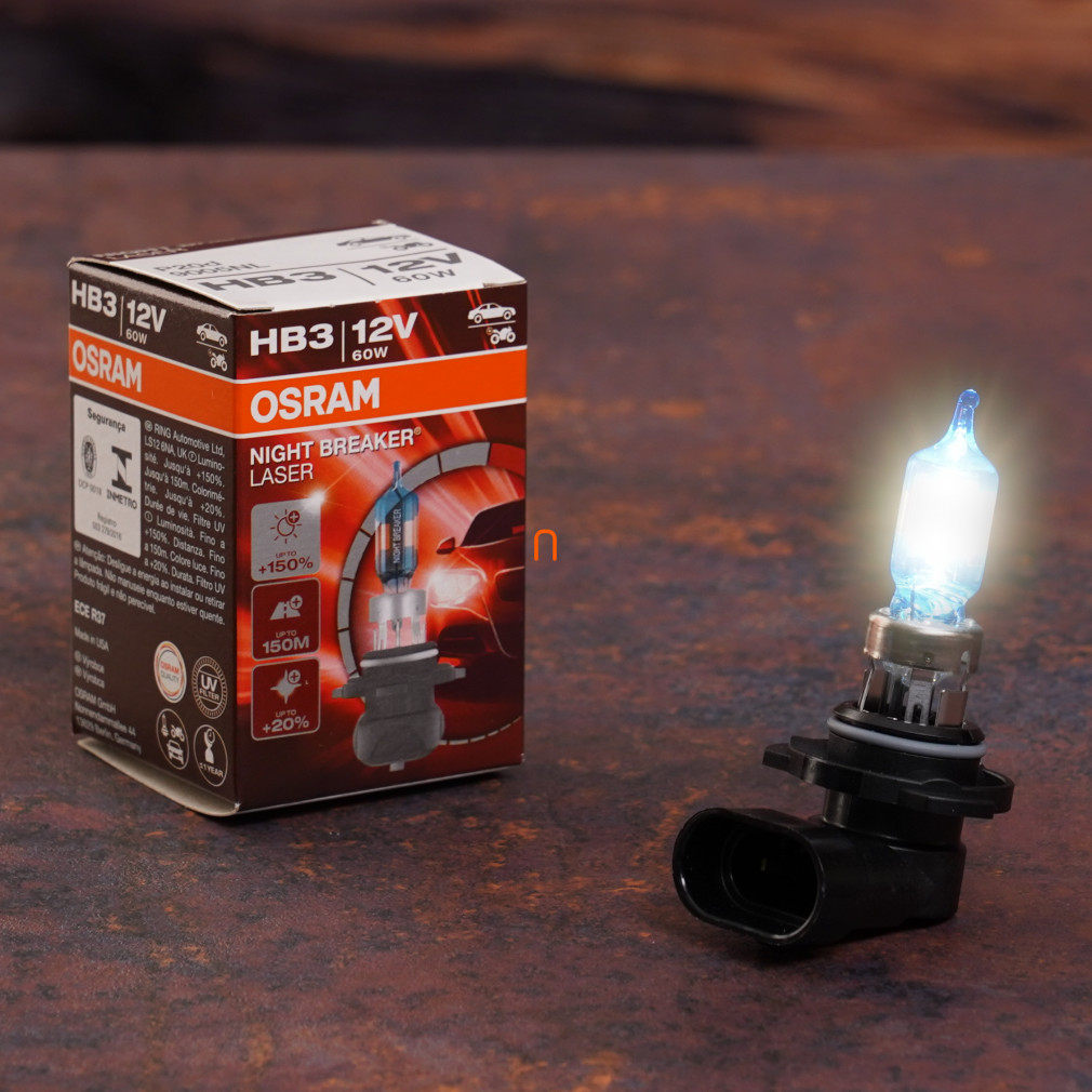 Osram Night Breaker Laser HB3 halogén fényszóró izzó, akár 150%-kal nagyobb fényerő, 150 m hosszú fénycsóva, közúton legálisan használható, 3200 K, 9005NL, 1 darab/doboz
