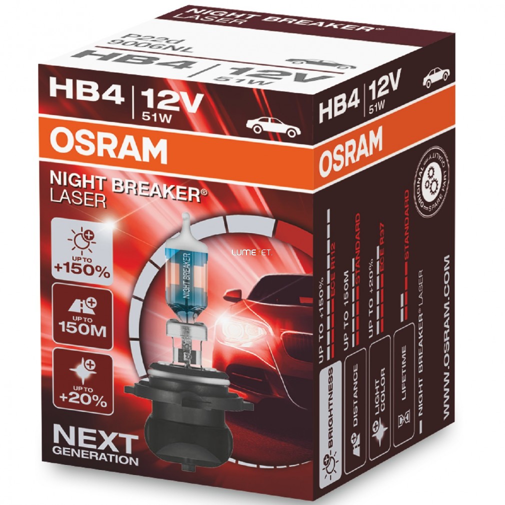 Osram Night Breaker Laser HB4 halogén fényszóró izzó, akár 150%-kal nagyobb fényerő, közúton legálisan használható, 9006NL, 1 darab/doboz