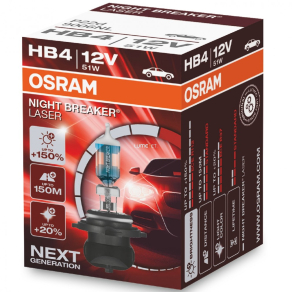   Osram Night Breaker Laser HB4 halogén fényszóró izzó, akár 150%-kal nagyobb fényerő, közúton legálisan használható, 9006NL, 1 darab/doboz