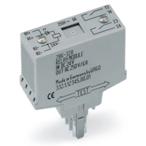 Wago 286-328/004-000 relémodul vasúti alkalmazásokhoz, 24 V DC, 2 záróérintkező, 6 A tartós határáram, piros állapotjelzés, 20 mm széles, szürke