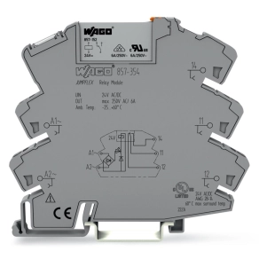 Wago 857-354 relémodul, 24 V AC/DC, 1 váltóérintkező, 6 A tartós határáram, sárga állapotjelzés, 6 mm széles
