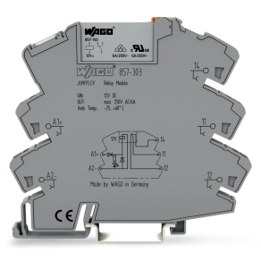 Wago 857-303 relémodul, 12 V DC, 1 váltóérintkező, 6 A tartós határáram, sárga állapotjelzés, 6 mm széles, 2,5 mm², szürke