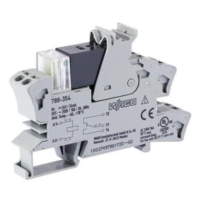 Wago 788-354 relémodul világítási terhelésekhez, 24 V DC, 1 váltóérintkező, 16 A tartós határáram, piros állapotjelzés, 15 mm széles, 2,5 mm², szürke