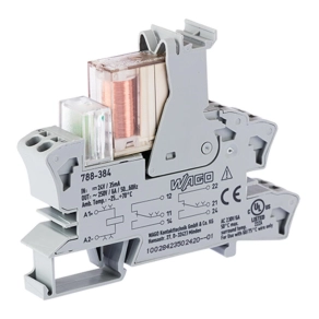 Wago 788-384 relémodul kényszervezetett érintkezőkkel, 24 V DC, 2 váltóérintkező, 6 A tartós határáram, piros állapotjelzés, 15 mm széles, 2,5 mm², szürke