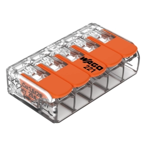 Wago 221-415 karos vezetékösszekötő, 5 vezetékhez, max. 4 mm², CAGE CLAMP®, 450 V, 32 A, T85, átlátszó ház