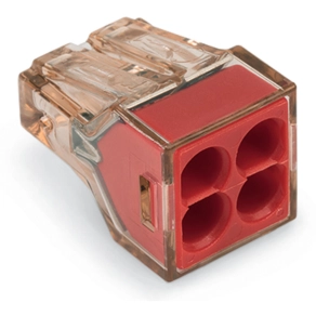 Wago 773-604 PUSH WIRE® vezetékösszekötő, 4 tömör vezetékhez, max. 4 mm², 400 V, 32 A, áttetsző barna ház, piros fedél, max. 60 °C