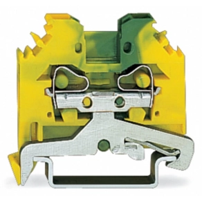 Wago 281-107 2 vezetékes földelősorkapocs, 4 mm², oldalsó jelölőnyílások, DIN 35 x 15 és DIN 35 x 7,5 sínhez, CAGE CLAMP®, zöld-sárga