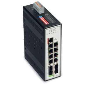 Wago 852-1305 ipari menedzselhető Ethernet switch, 8 port 10/100/1000Base-T, 4 SFP-hely 1000Base-SX/LX, 12–60 V DC, fémes fekete