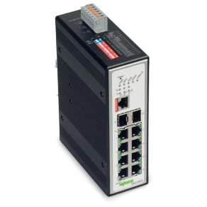 Wago 852-303 ipari menedzselhető Ethernet switch, 8 port 10/100Base-TX, 2 SFP-hely 100Base-FX/1000Base-FX/SX, 12–60 V DC, fémes fekete