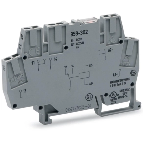 Wago 859-303 relémodul, 12 V DC, 1 váltóérintkező, piros állapotjelzés, 6 mm széles, 2,5 mm², szürke
