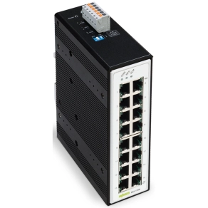 Wago 852-1106 ipari Ethernet switch, 16 port, 10/100/1000Base-T, redundáns 12–60 V DC tápellátás, −40 és +70 °C között, fémes fekete