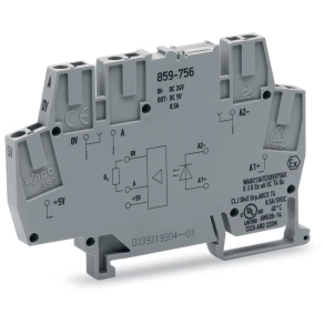 Wago 859-756 optocsatoló modul, 24 V DC bemenet, 4–6,25 V DC kimenet, 0,5 A, háromvezetékes, pozitív kapcsolás, 10 kHz, piros állapotjelző, 6 mm széles, szürke