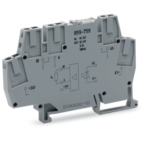 Wago 859-759 optocsatoló modul, 24 V DC bemenet, 20–28,8 V DC kimenet, 0,1 A, háromvezetékes, pozitív kapcsolás, 100 kHz, piros állapotjelző, 6 mm széles