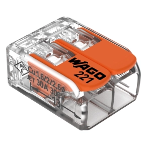 Wago 221-612 karos vezetékösszekötő, 2 vezetékhez, max. 6 mm², CAGE CLAMP®, 450 V, 41 A, T85, átlátszó ház