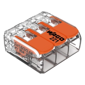 Wago 221-613 karos vezetékösszekötő, 3 vezetékhez, max. 6 mm², CAGE CLAMP®, 450 V, 41 A, T85, átlátszó ház