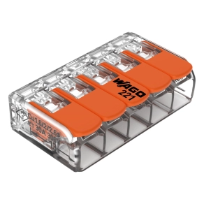 Wago 221-615 221-es sorozatú karos vezetékösszekötő, minden vezetéktípushoz, max. 6 mm², 5 vezetékhez, átlátszó házzal, T85, max. 85 °C