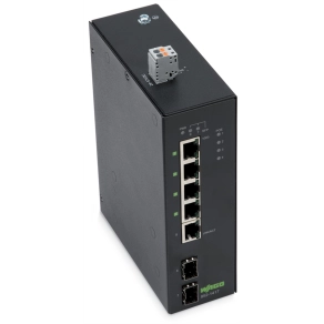 Wago 852-1417 ipari ECO Ethernet switch, 5 Gigabit Ethernet port, 4 PoE+ port, 2 Gigabit SFP-hely, 24 V DC, kiterjesztett hőmérséklet-tartomány