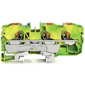 Wago 2210-1307 3 vezetékes földelősorkapocs, nyomógombbal, 10 mm², vizsgálóporttal, oldalsó és középső jelölés, DIN 35 x 15 és DIN 35 x 7,5 sínhez, Push-in CAGE CLAMP®, zöld-sárga
