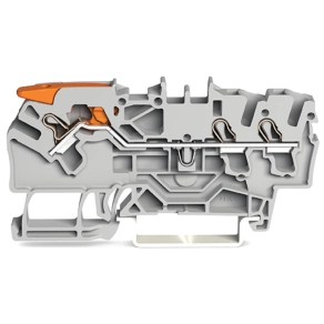 Wago 2102-1301 3 vezetékes átmenő sorkapocs, műk. karral és Push-in CAGE CLAMP®-pel, 2,5 mm², vizsgálóporttal, oldalsó és középső jelölés, DIN 35 x 15 és DIN 35 x 7,5 sínhez, Push-in CAGE CLAMP®, szür