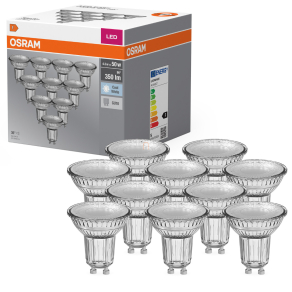   Osram GU10 LED 4,3W, 350 lm, 4000 K, hidegfehér, áttetsző üveg-50 W izzó helyett, 10 darabos - Base Spot PAR16