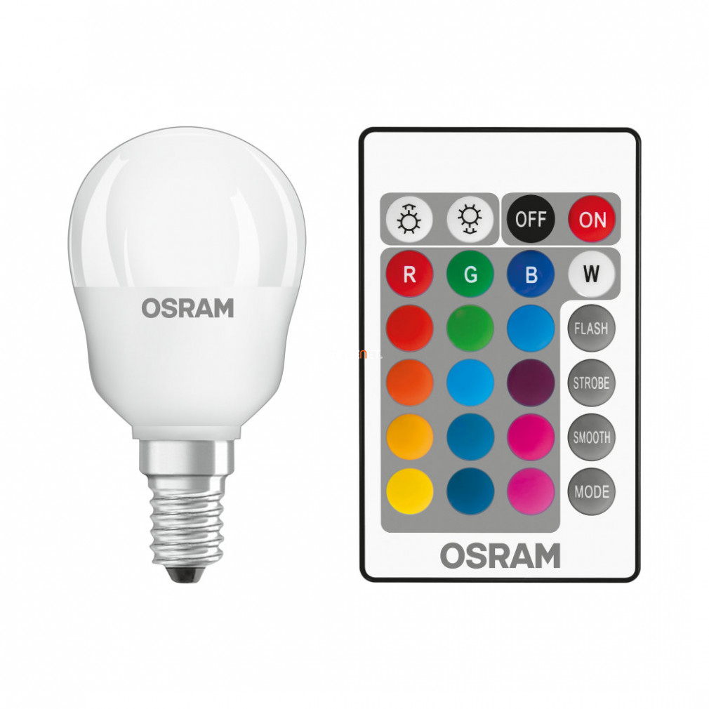 Osram E14 LED Star+ kisgömb 4,5W 250lm RGBW, távirányítóval szabályozható - 25W izzó helyett