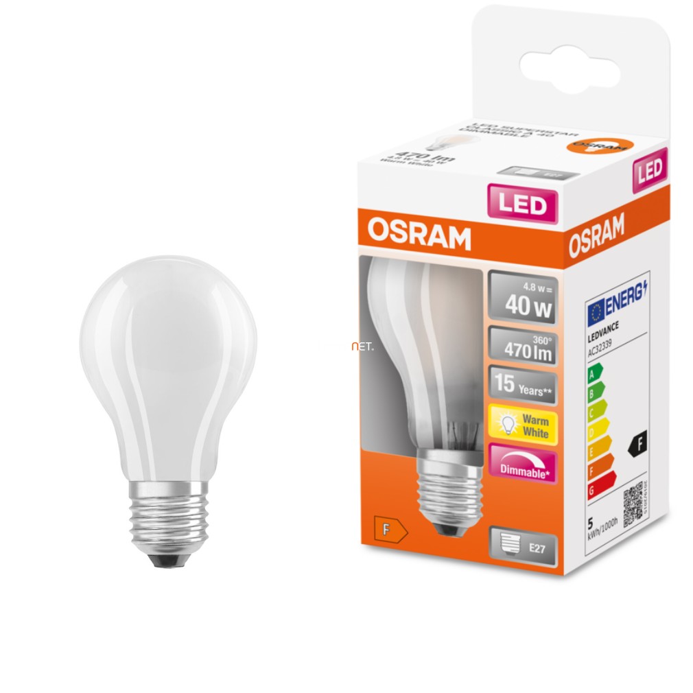 Osram E27 LED SStar 4,8W 470lm 2700K melegfehér, szabályozható 320° opál - 40W izzó helyett