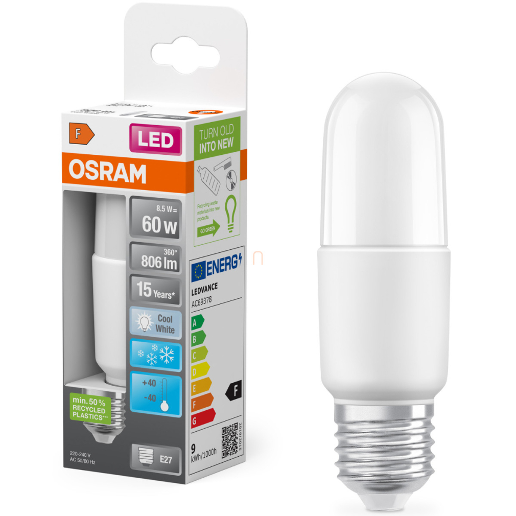 Osram E27 LED, 8,5W, 806 lm, 4000 K, hidegfehér, opál műanyag-60 W izzó helyett - Star Classic 