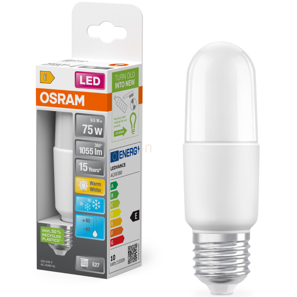 Osram E27 LED, 9,5W, 1055 lm, 2700 K, melegfehér, opál műanyag-75 W izzó helyett - Star Classic 