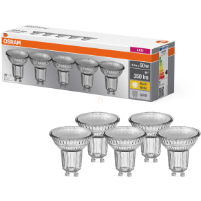   Osram GU10 LED 4,3W, 350 lm, 2700 K, melegfehér, áttetsző üveg-50 W izzó helyett, 5 darabos - Base Spot PAR16
