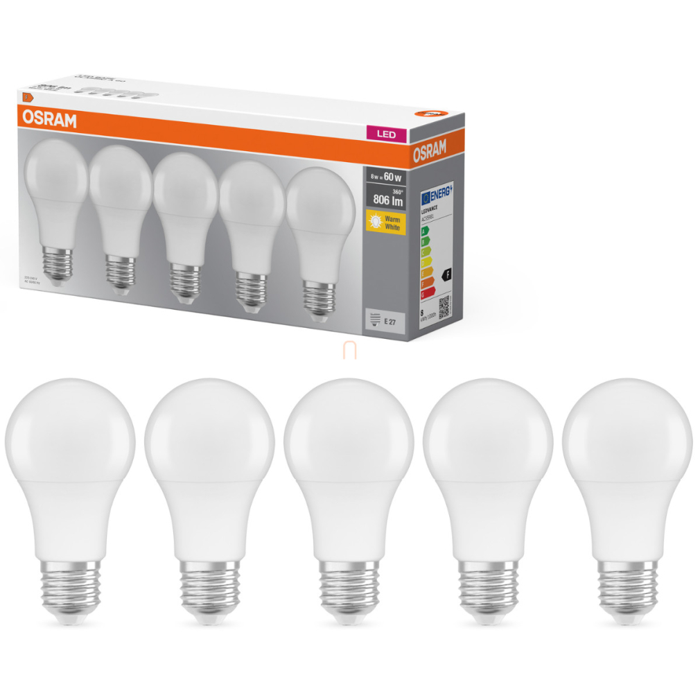 Osram E27 LED 8W, 806 lm, 2700 K, melegfehér, opál műanyag-60 W normál izzó helyett, 5 darabos - Base Classic A