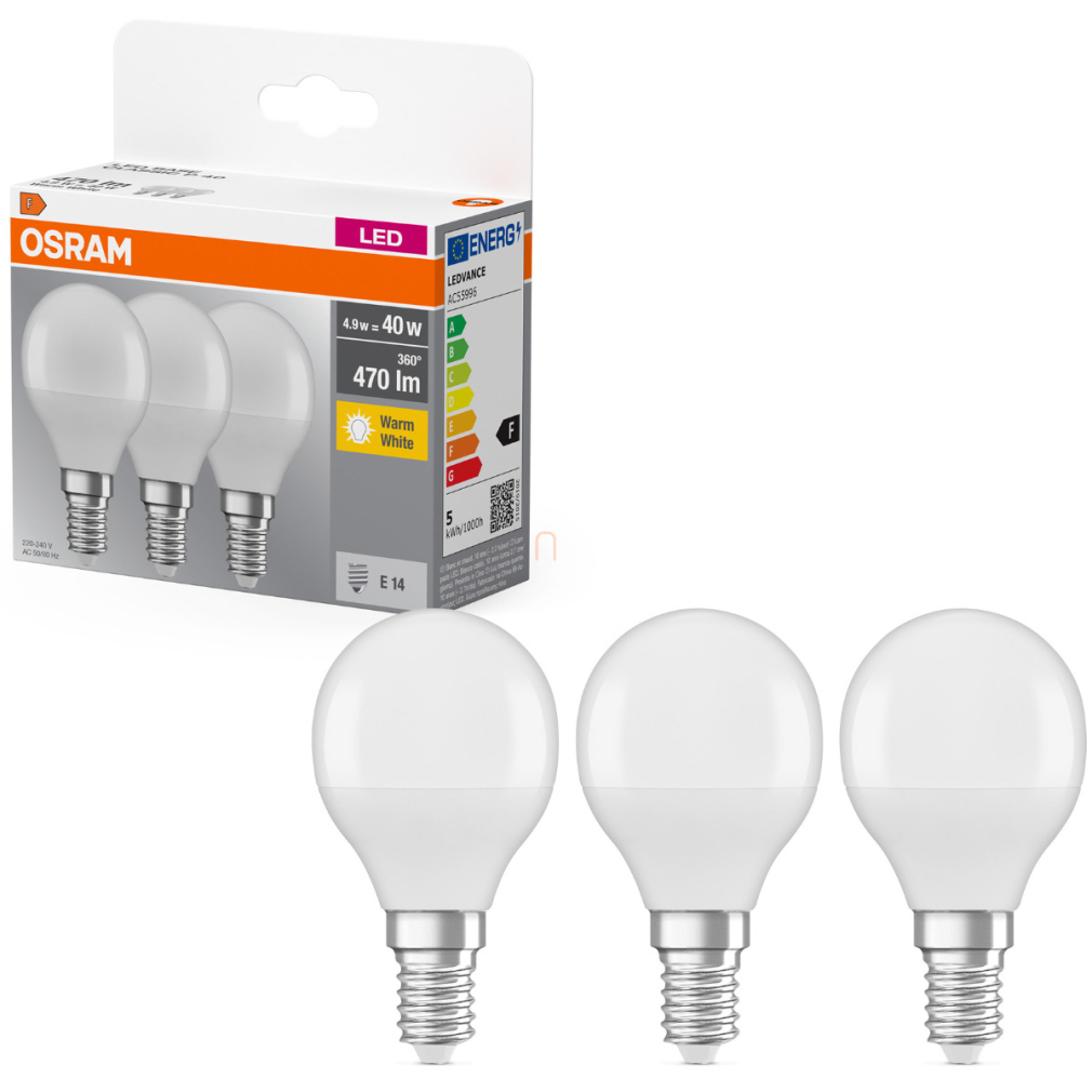 Osram E14 LED kisgömb, 4,9W, 470 lm, 2700 K, melegfehér, opál műanyag-40 W izzó helyett, 3 darabos - Base Classic P