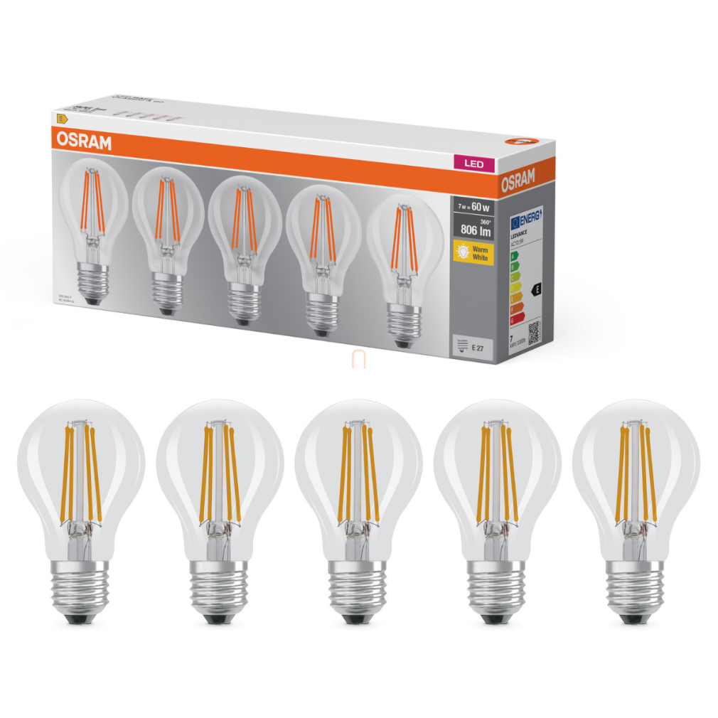 Osram E27 LED 7W, 806 lm, 2700 K, melegfehér, áttetsző üveg-60 W normál izzó helyett, 5 darabos - Base Classic A 60 filament